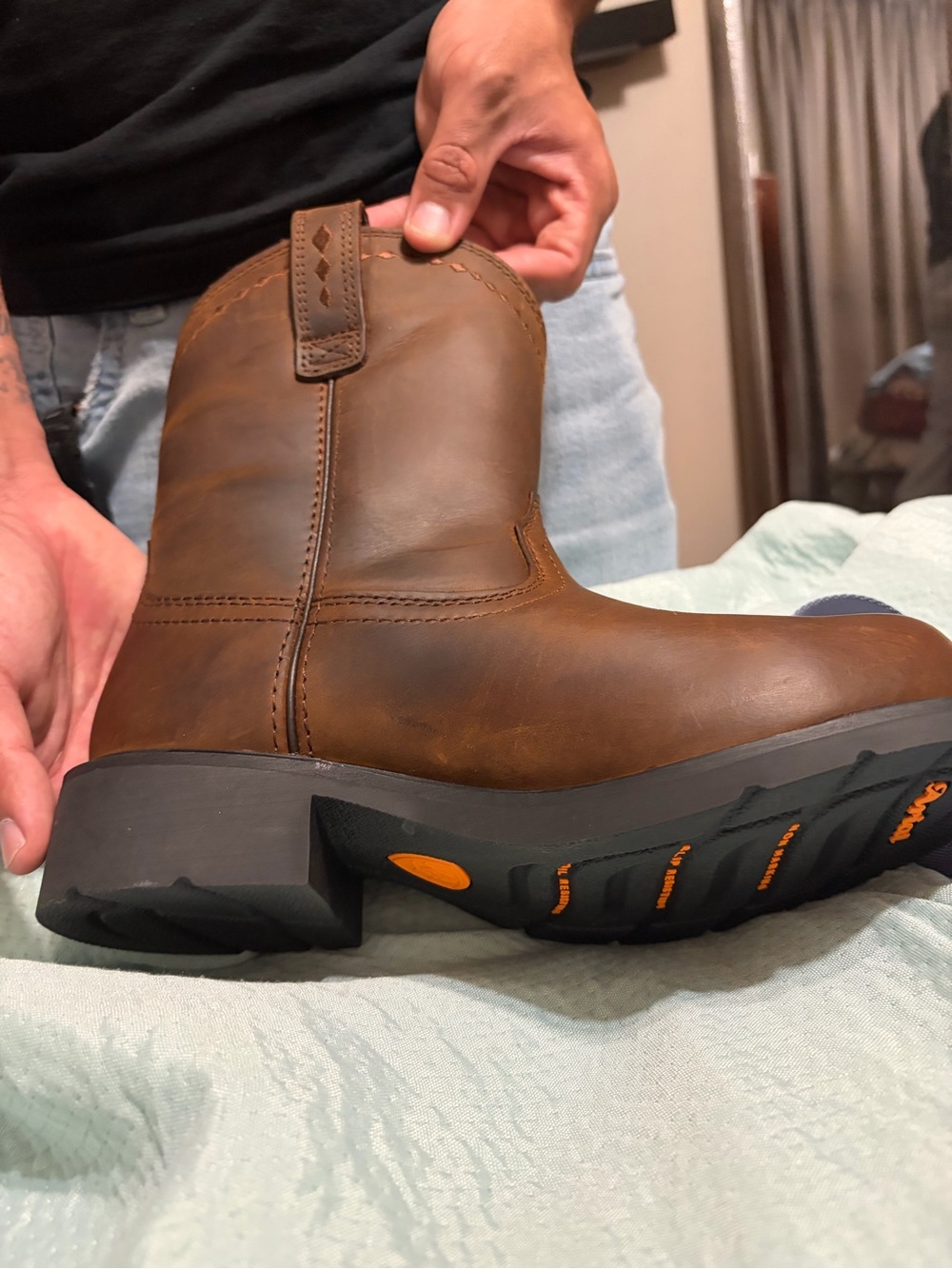 Ariat Brown Leather Western Work Boot with Black Sole and Orange Accents
